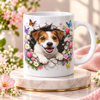 Keramický hrnek „Jack Russell teriér v květinové zdi“ – 330 ml